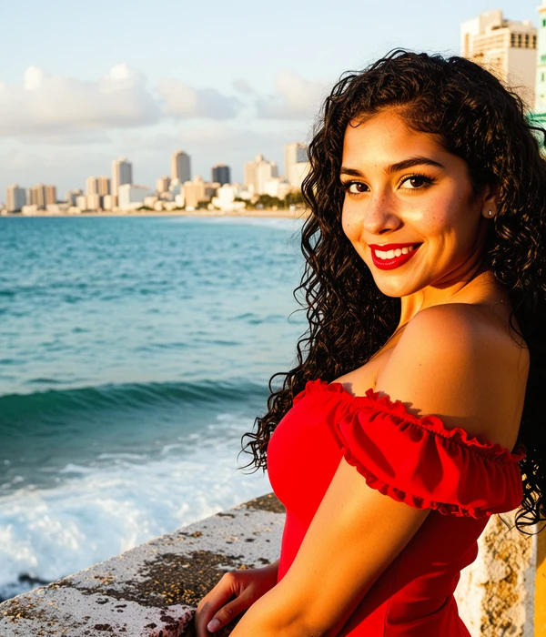 Beautiful Cuban woman in red dress smiling warmly with Havana Malecon background, representing Cuban mail order brides