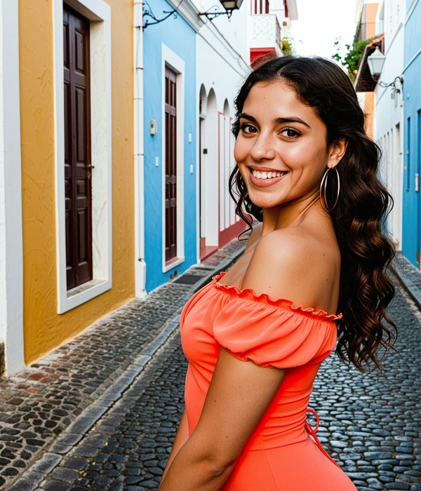 Beautiful Puerto Rican woman in coral dress smiling confidently on colorful Old San Juan street, representing Puerto Rican mail order brides