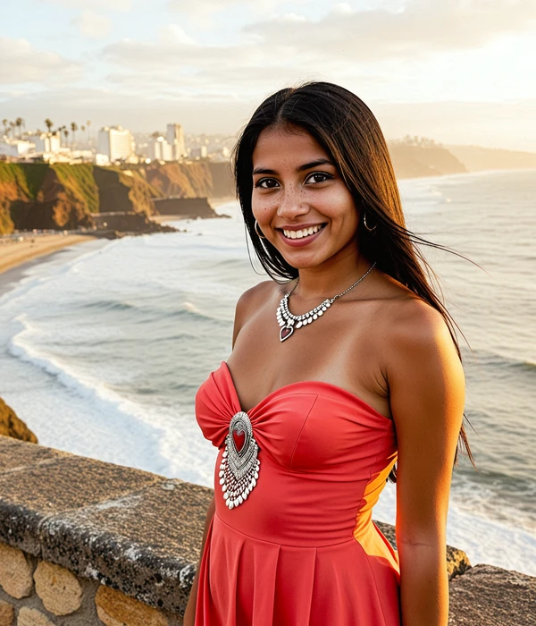 Beautiful Peruvian woman in coral dress smiling warmly with Lima coastline background, representing Peruvian mail order brides