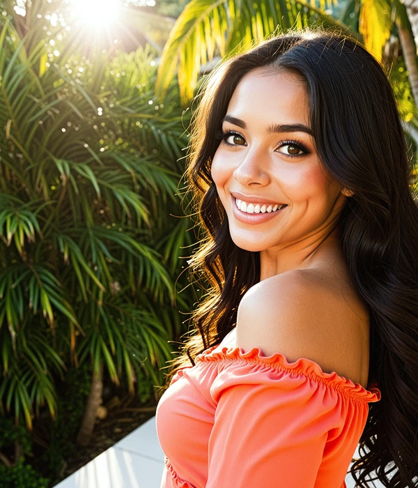 Beautiful Venezuelan woman in coral dress smiling warmly in tropical garden setting, representing Venezuelan mail order brides
